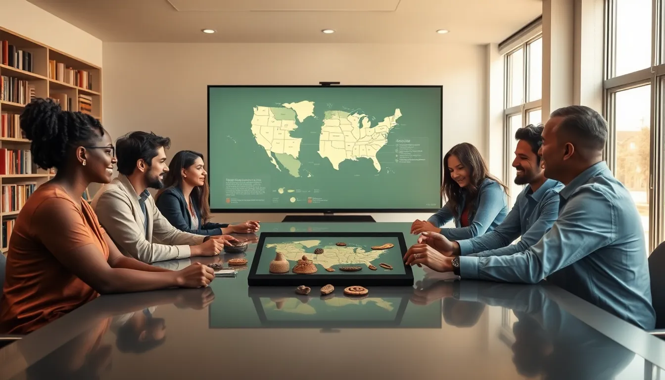 historians discussing црщук artifacts in a modern research office.